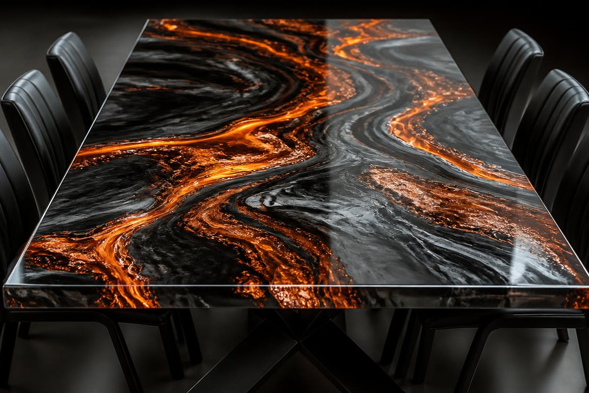 Custom epoxy dining table with copper rivers